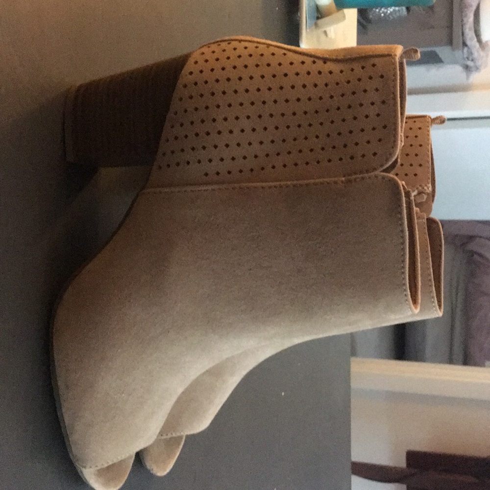 Tan faux-suede open toe boots